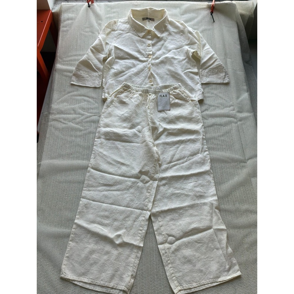 FLAX 100% Linen 2 Piece Set Womens S Ivory Button Shirt & Wide Leg Pants NWT